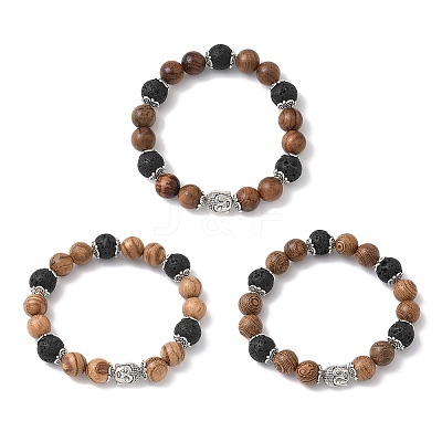 3Pcs 3 Colors Natural Wood & Lava Rock Round Beads Stretch Bracelets BJEW-JB12353-1
