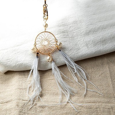 Imitation Pearl Woven Net/Web with Feather Hanging Ornaments PW23030910711-1