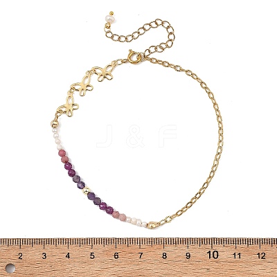 Natural Amethyst & Pearl Round Beaded Butterfly Anklets AJEW-AN00795-02-1