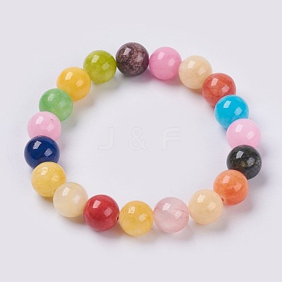 Natural Yellow Jade Beaded Stretch Bracelet BJEW-P212-05-14mm-1