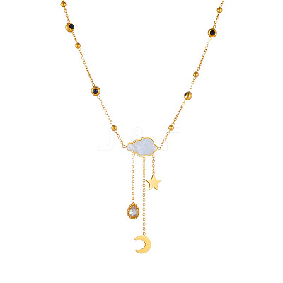 304 Stainless Steel Pave Clear Cubic Zirconia with Natural White Shell Cloud with Moon Star Tassel Pendant Necklaces for Women FS-WG2EBDD-01-1
