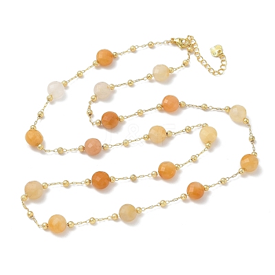 Natural Yellow Aventurine Faceted Flat Round Beaded Chain Necklaces with Matte Brass Beads GG-CBA37F5-01G-08-1