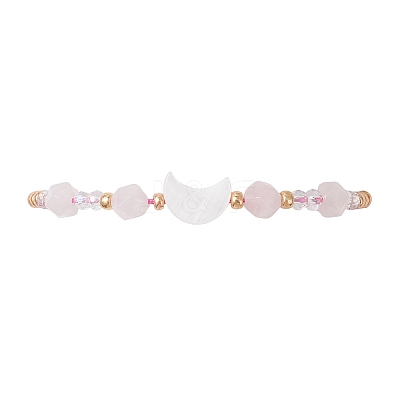 Natural Rose Quartz & Freshwater Shell Moon Charm Bracelets BJEW-MZ00303-03-1