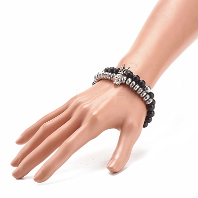 2Pcs 2 Style Synthetic Hematite & Black Stone & Natural Obsidian Stretch Bracelets Set with Cubic Zirconia Skull BJEW-JB08120-02-1