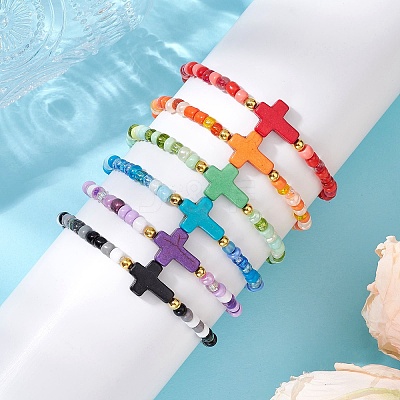 6Pcs Synthetic Turquoise Beaded Stretch Bracelets BJEW-JB11218-1