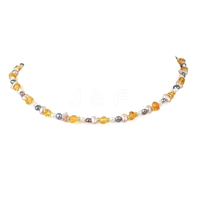 Natural Amber Beads & Cultured Freshwater Pearl Nuggets Beaded Necklaces NJEW-JN06406-1