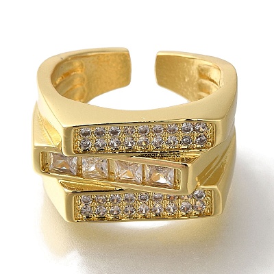 Rack Plating Rectangle Brass Clear Cubic Zirconia Open Cuff Rings RJEW-S411-21G-1