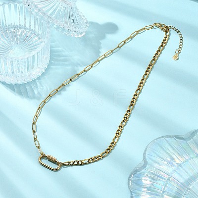 304 Stainless Steel Oval Lock Clasps Pendant Figaro Chain Necklaces for Women NJEW-JN06169-01-1