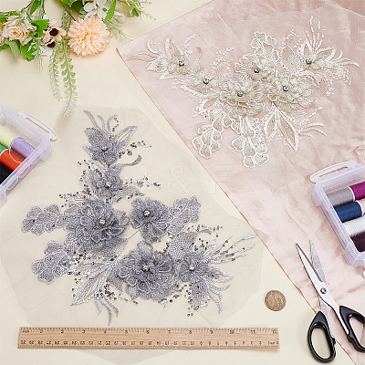 2Pcs 2 Colors Flower Chemical Fiber with Crystal Rhinestone Embroidery Sew on Cloth Patches PATC-FG0003-60A-1
