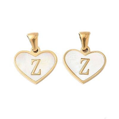 304 Stainless Steel Pave Natural White Shell Heart with Initial Slice Pendants STAS-R168-25G-Z-1