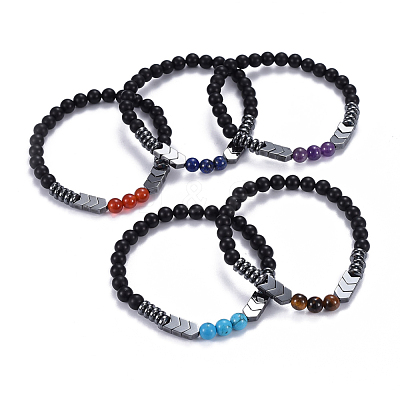 Natural Black Agate(Dyed) & Mixed Stone Beads Stretch Bracelets BJEW-JB04219-1