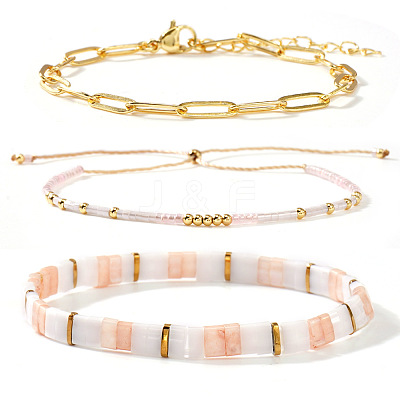 3Pcs 3 Styles 304 Stainless Steel Paperclip Chain Bracelets & Glass Seed Bead Stretch & Slider Bracelets for Women SL8246-1-1