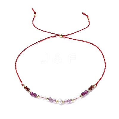 Faceted Round Natural Amethyst & Quartz Crystal Braided Bead Bracelets BJEW-F493-09G-05-1