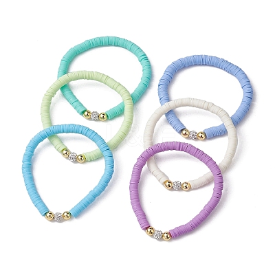 6Pcs 6 Color Polymer Clay Disc & Rhinestone Beaded Stretch Bracelets Set BJEW-JB09673-1