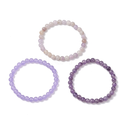 3Pcs Natural Amethyst & Dyed Malaysia Jade & Lavender Amethyst Round Beaded Stretch Bracelets for Women BJEW-JB12835-1