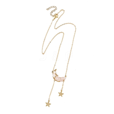 Natural Rose Quartz Chip Beads Moon Pendant Brass Cable Chain Necklaces for Women NJEW-TA00257-03-1