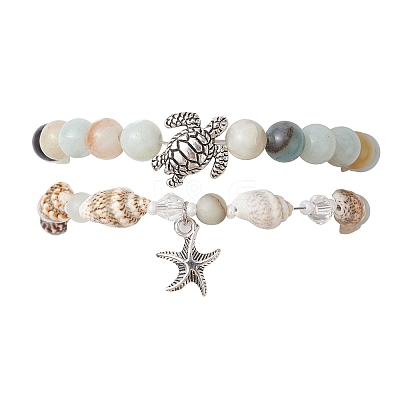 2Pcs 2 Style Natural Amazonite & Glass & Shell Stretch Bracelets with Tortoise BJEW-JB10091-01-1