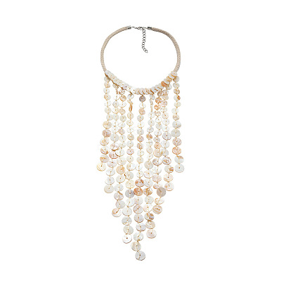 Resin Disc Long Tassel Cotton Rope Bib Necklaces with Alloy End Chains for Women FS-WG31146-01-1