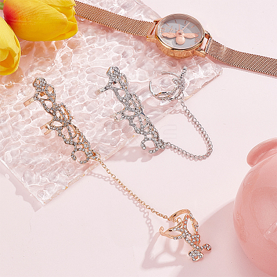2Pcs 2 Colors Crystal Rhinestone Flower Full Finger Ring Hand Chain RJEW-AN0001-03-1
