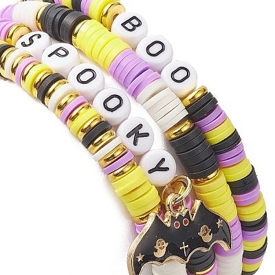 4Pcs 4 Style Polymer Clay Heishi Surfer Stretch Bracelets Set wtih Alloy Enamel Bat Charms BJEW-TA00253-1