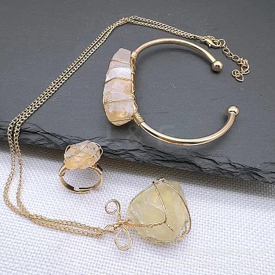 Wire Wrapped Nuggets Natural Yellow Quartz Pendant Necklace & Cuff Bangle & Rings Sets FS-WG99384-03-1