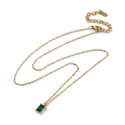 304 Stainless Steel Fern Green Rhinestone Rectangle Pendant Cable Chain Necklaces NJEW-U026-01G-1