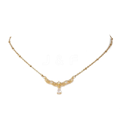 Brass Pave Clear Cubic Zirconia Angel Wings Pendant 304 Stainless Steel Satellite Chain Necklaces for Women NJEW-JN05936-1