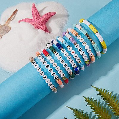 10Pcs 10 Style Encourage Word Polymer Clay Heishi Surfer Stretch Bracelets Set with Heart BJEW-SW00041-1
