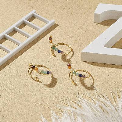 Natural Mixed Gemstone Braided Beaded Chakra Open Cuff Ring X-RJEW-JR00548-1