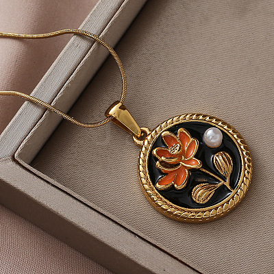 316 Surgical Stainless Steel Enamel with Imitation Pearl Flat Round with Flower Pendant Necklaces for Women AK2795-1