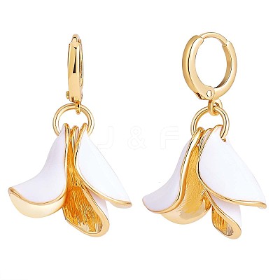 White Enamel Lilies Flower Dangle Hoop Earrings JE970A-1