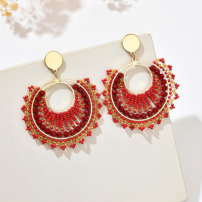 Flat Round 304 Stainless Steel Glass Seed Beads Dangle Stud Earrings FS-WG93AED-06-1
