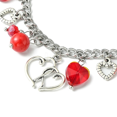 Tibetan Style Alloy & Glass Heart Charm Bracelet with 304 Stainless Steel Curb Chains for Valentine's Day BJEW-TA00311-1