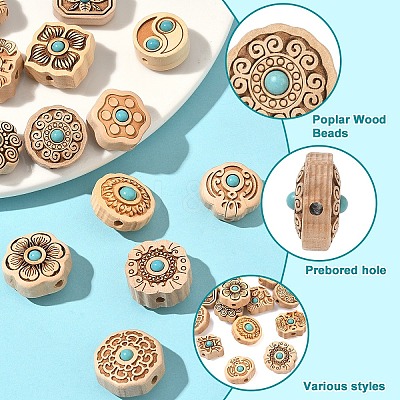 15Pcs 15 Styles Poplar Wood Beads WOOD-YW0001-80-1