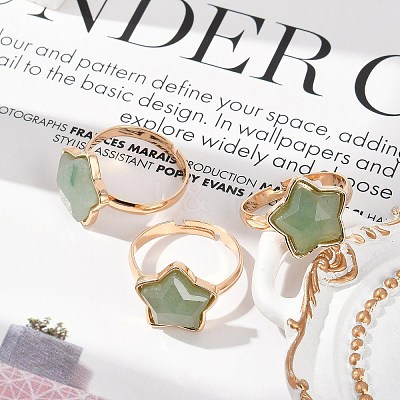 Star Natural Green Aventurine Adjustable Rings RJEW-H241-01G-04-1