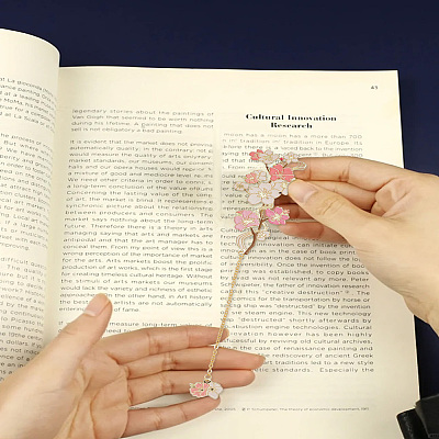 2Pcs 2 Styles Brass & Iron Enamel Flower Bookmarks with Chain AJEW-LP0005-86A-1