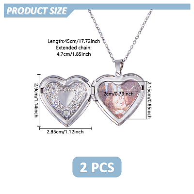 2Pcs 316 Surgical Stainless Steel Heart Photo Locket Pendant Cable Chain Necklaces for Women NJEW-DC0001-15P-1