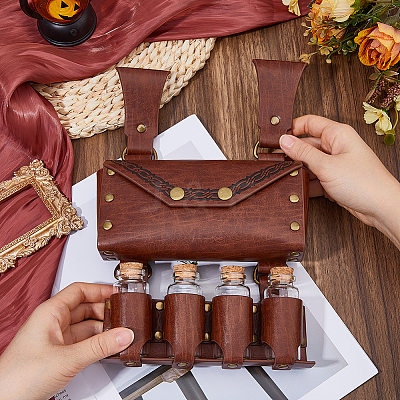 Rectangle PU Leather Medieval Waist Belt Bag with Belt and 4 Glass Potion Bottles AJEW-WH0752-296B-1