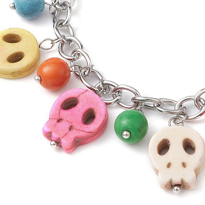 Halloween Dyed Synthetic Turquoise Skull Pendant Brass Cable Chains Bracelets BJEW-TA00471-1