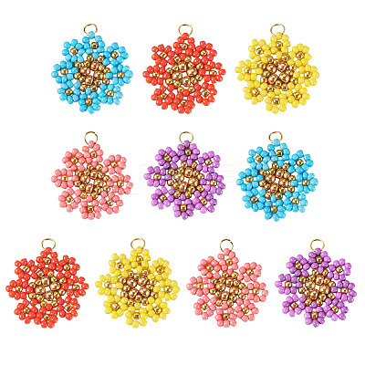 10Pcs 5 Styles Glass Seed Beaded Flower Pendants PALLOY-TA00388-1