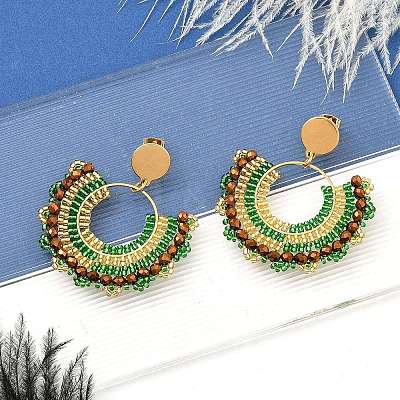 304 Stainless Steel & Bohemian Beaded Fan Dangle Stud Earrings for Women EJEW-R001-05G-02-1