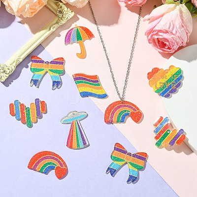 14Pcs 7 Shapes Rainbow Style Printed Acrylic Glitter Powder Pendants OACR-CJ0001-93-1