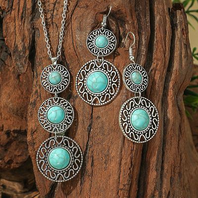 Bohemian Style Alloy & Synthetic Turquoise Pendant Necklaces & Dangle Earrings Sets WG2E1B4-01-1