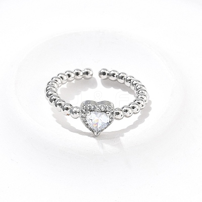 Heart Brass Micro Pave Cubic Zirconia Cuff Bangles & Rings Sets for Women SJEW-R002-05P-03-1
