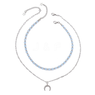 Natural Dyed Malaysia Jade Round Bead 304 Stainless Steel Moon Pendant Double Layer Necklaces for Women NJEW-JN05482-1