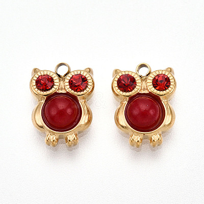 Natural Red Jasper and Ruby Rhinestone Owl Charms STAS-T064-66G-1