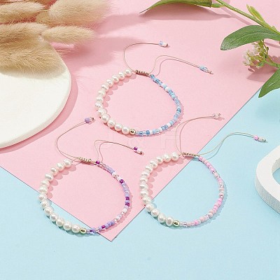 3Pcs 3 Color Glass Seed & Natural Pearl Braided Bead Bracelets Set BJEW-JB09572-1