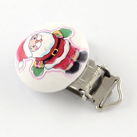 Christmas Santa Claus Pattern Printed Wooden Baby Pacifier Holder Clip with Iron Clasp WOOD-R251-03C-1