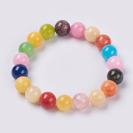 Natural Yellow Jade Beaded Stretch Bracelet BJEW-P212-05-14mm-1