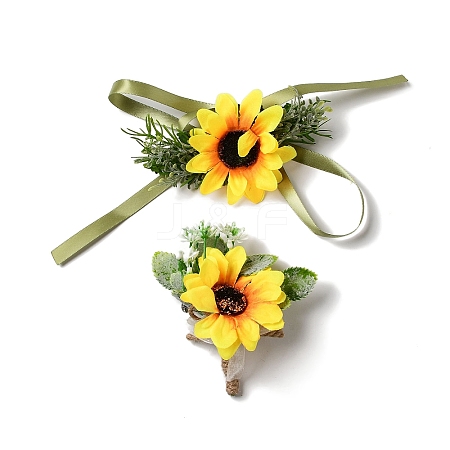 2Pcs 2 Style Sunflower Flower Silk Wrist and Flower Silk Brooch Sets AJEW-CP0004-60-1